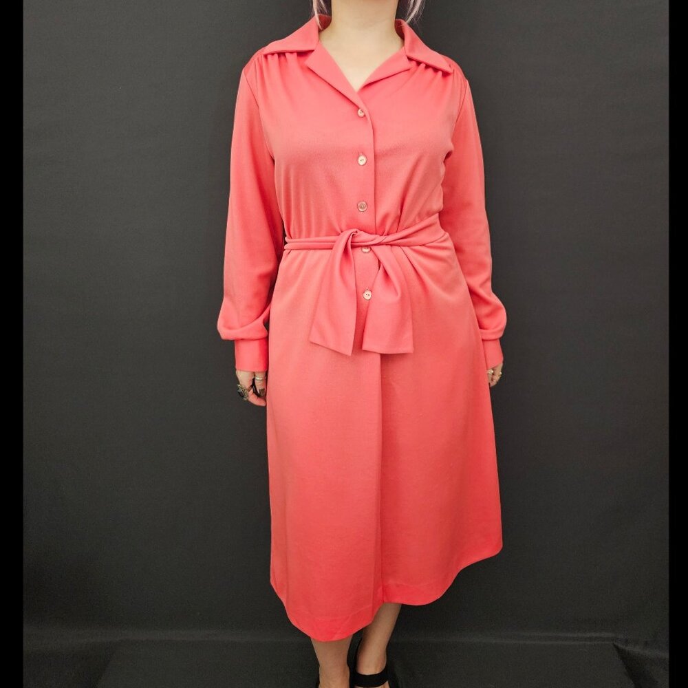 70s Rouge Pink Collared Long Sleeve Tie Waist Dress